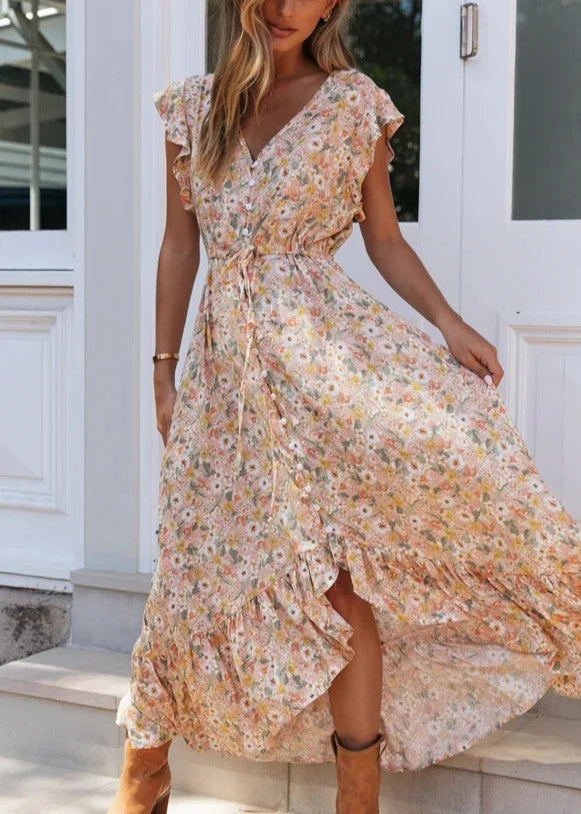 Vestido Longo Floral Gola em V Anita