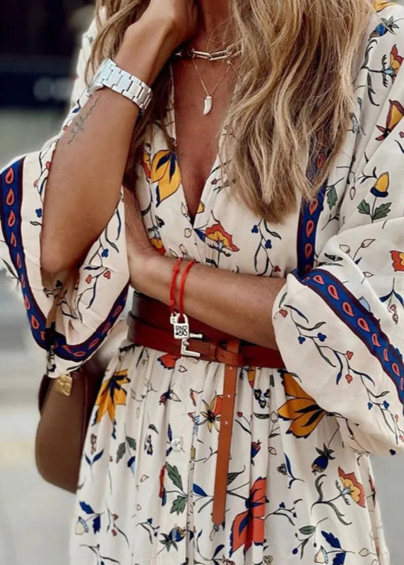 Vestido Longo Gola em V Manga 3/4 Flávia