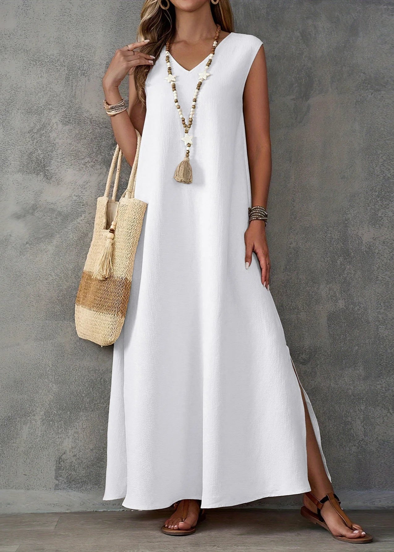 Vestido Longo Elegante sem Manga Lisa White