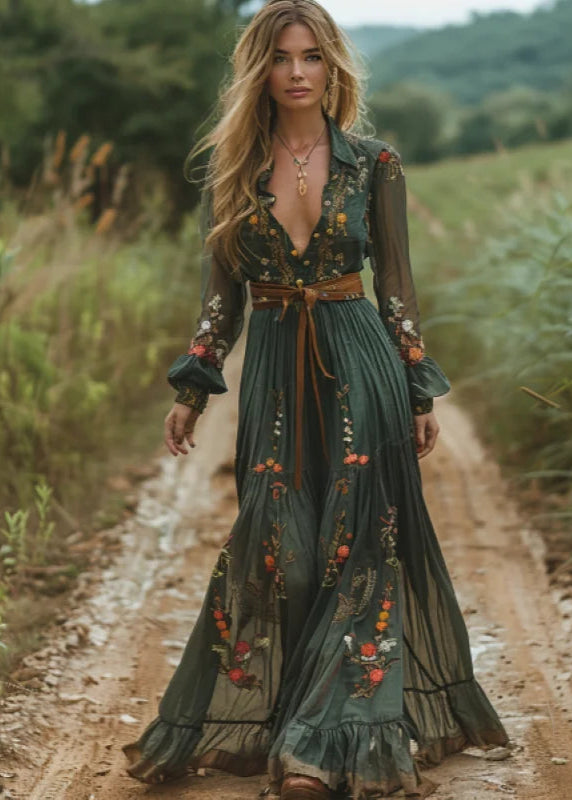 Vestido Longo Vintage Gola em V Manga Longa Maria