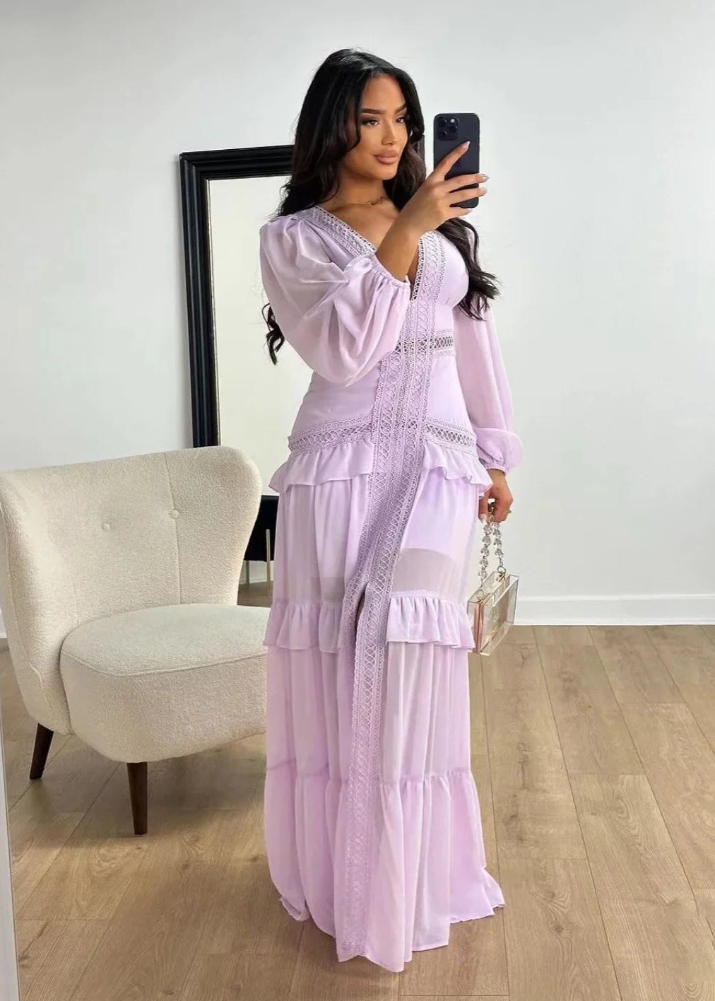 Vestido Longo Gola em V Manga Longa Lilian Purple