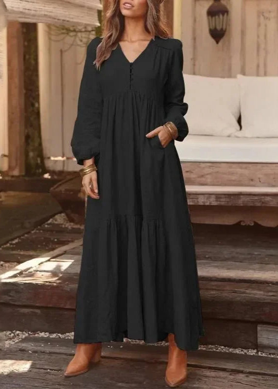 Vestido Longo Gola em V Manga Longa Sofia Black