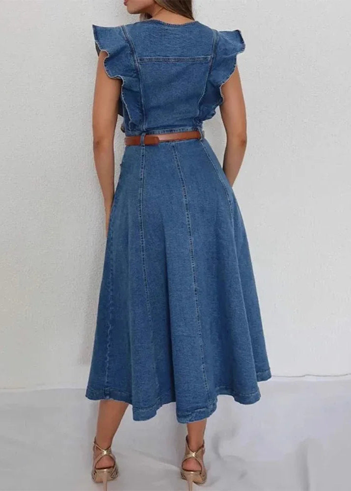 Vestido Longo com Botões Frente e Babado Moana Blue