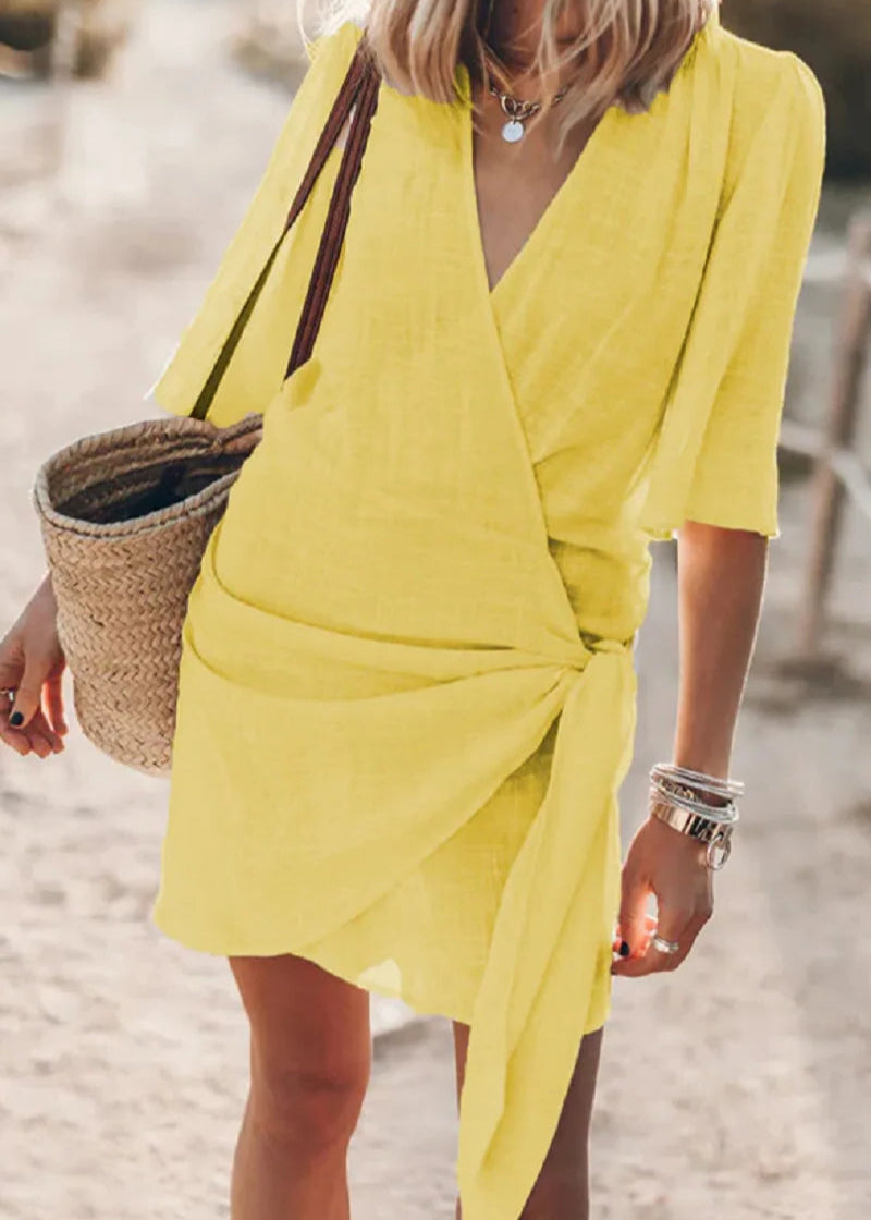 Vestido Curto com Laço e Manga 3/4 Dri Yellow