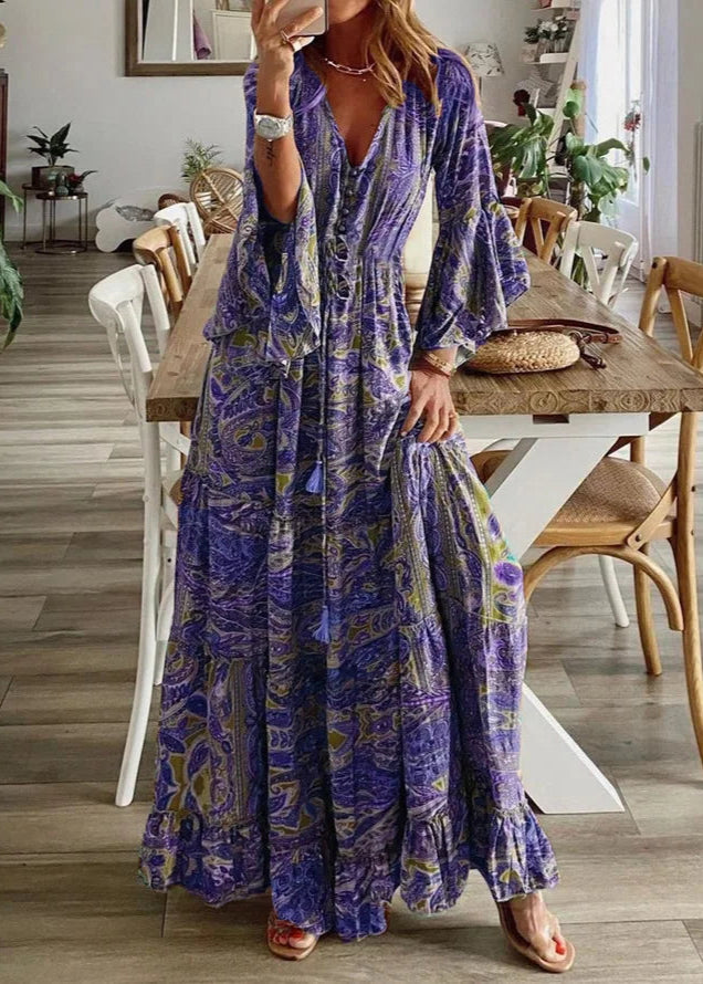 Vestido Longo Gola em V Manga 3/4 Giovana Purple