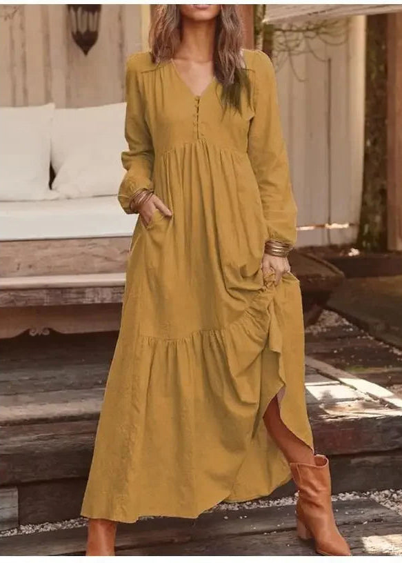 Vestido Longo Gola em V Manga Longa Sofia Mustard