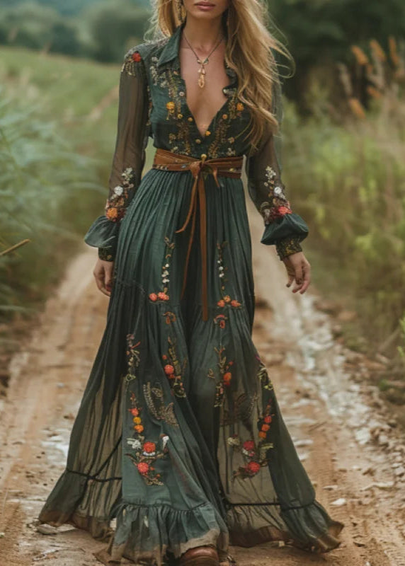 Vestido Longo Vintage Gola em V Manga Longa Maria