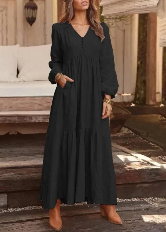 Vestido Longo Gola em V Manga Longa Sofia Black