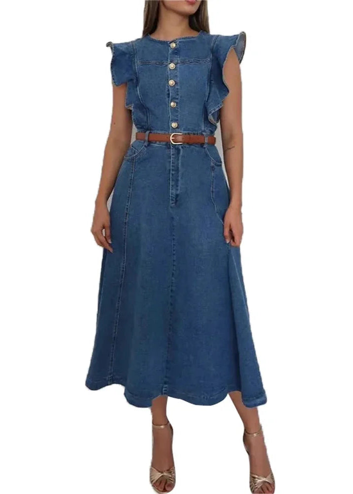 Vestido Longo com Botões Frente e Babado Moana Blue