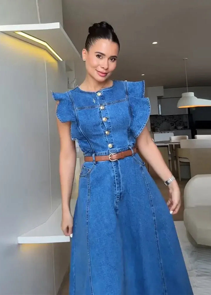 Vestido Longo com Botões Frente e Babado Moana Blue