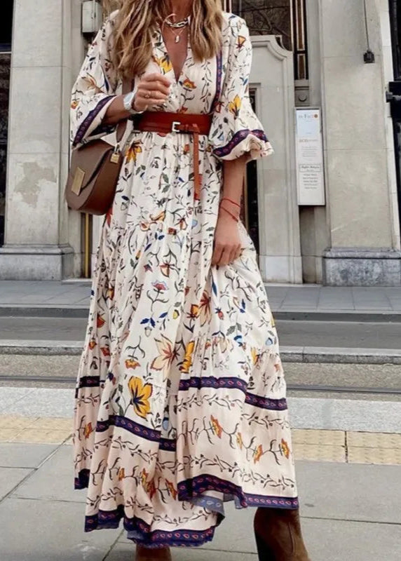 Vestido Longo Gola em V Manga 3/4 Flávia