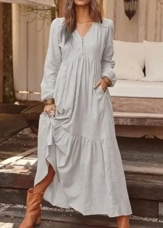 Vestido Longo Gola em V Manga Longa Sofia Gray