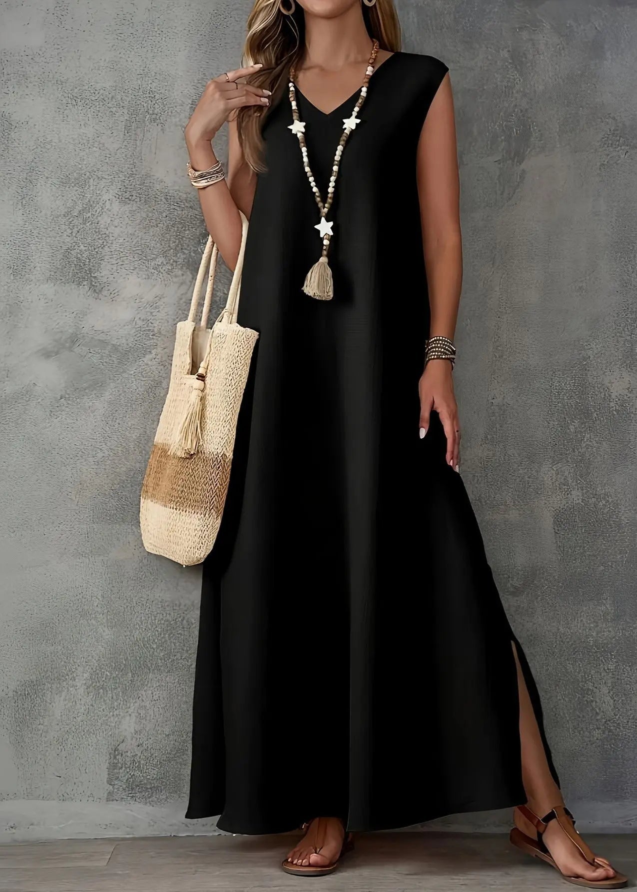 Vestido Longo Elegante sem Manga Lisa Black