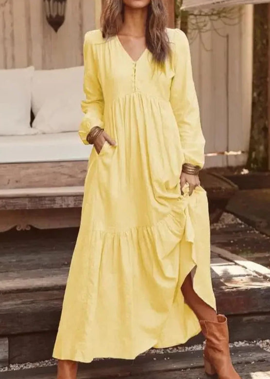 Vestido Longo Gola em V Manga Longa Sofia Yellow