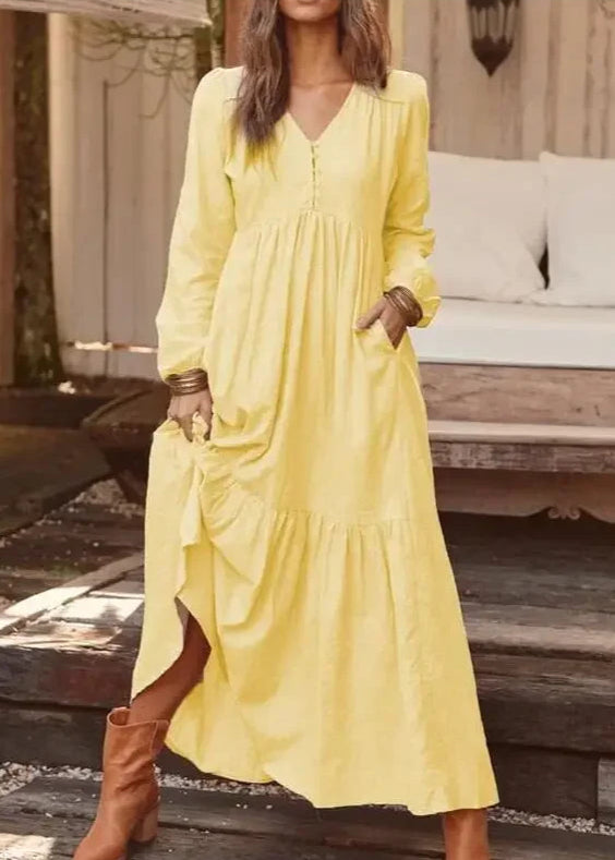 Vestido Longo Gola em V Manga Longa Sofia Yellow