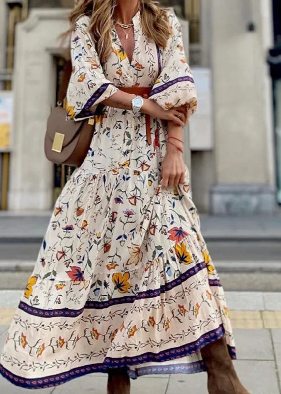 Vestido Longo Gola em V Manga 3/4 Flávia