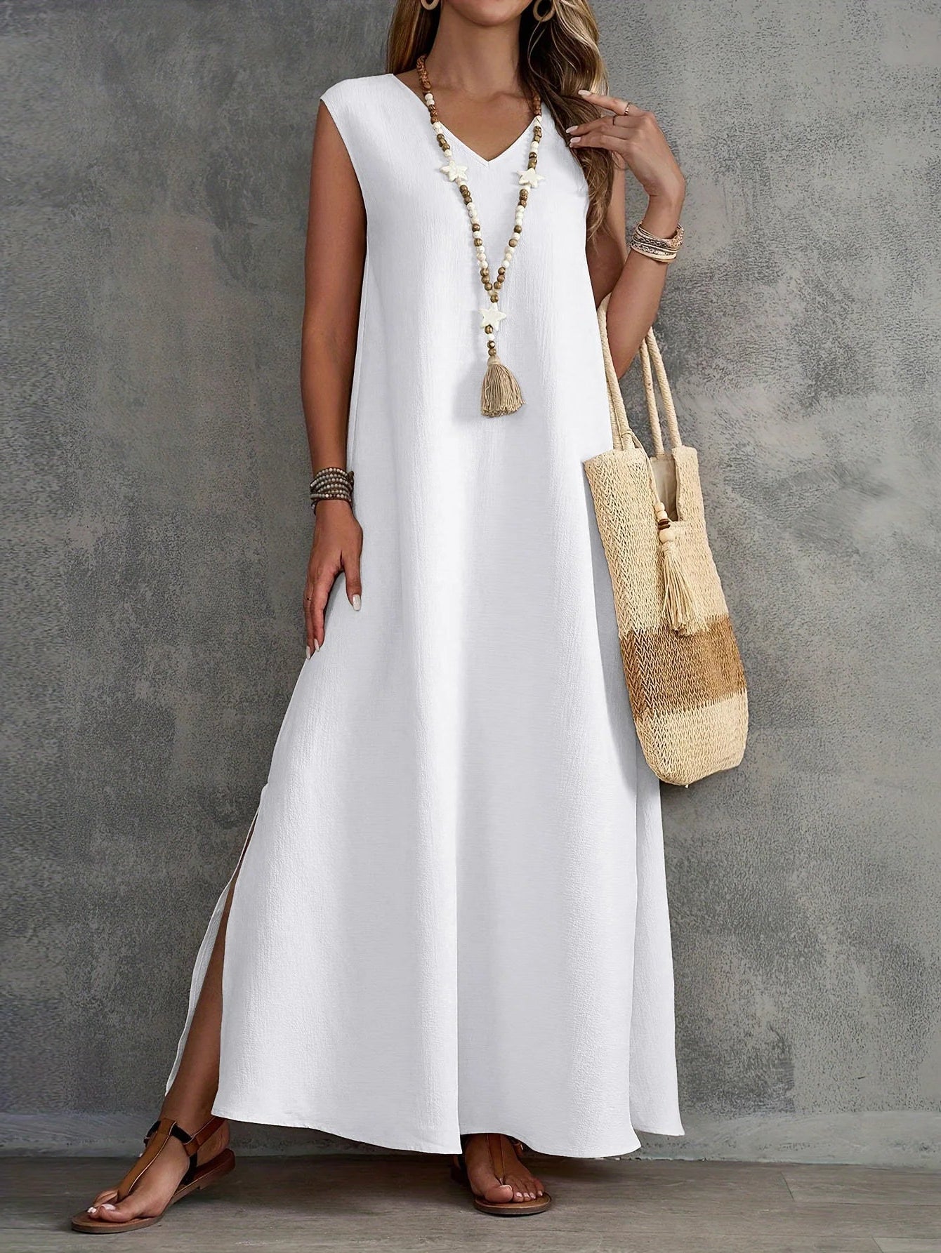 Vestido Longo Elegante sem Manga Lisa White