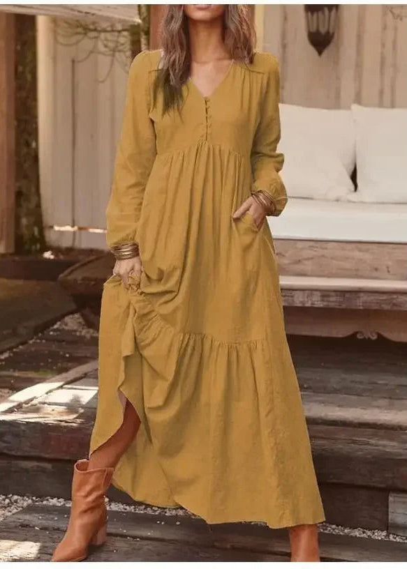 Vestido Longo Gola em V Manga Longa Sofia Mustard