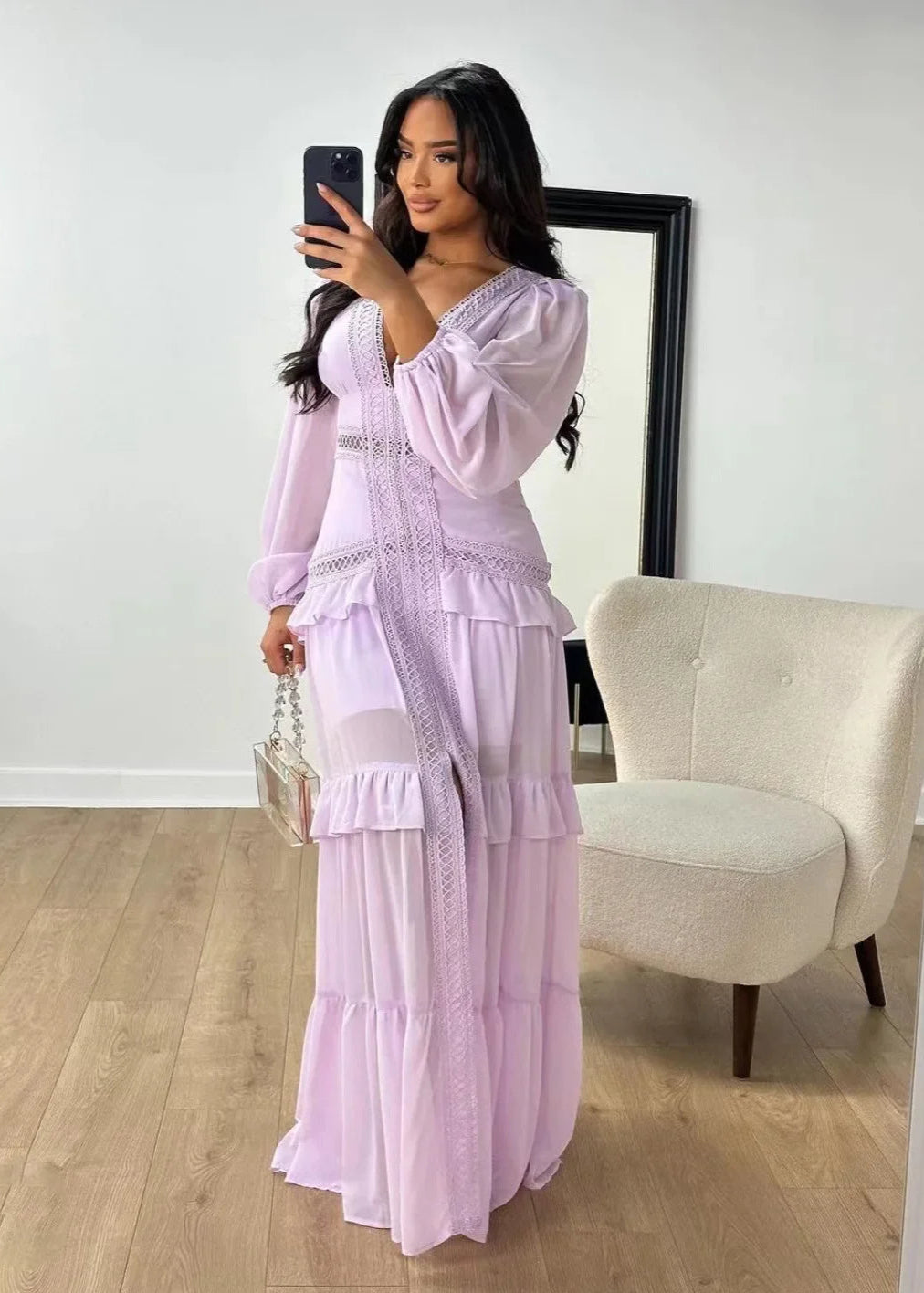 Vestido Longo Gola em V Manga Longa Lilian Purple