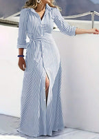 Vestido Longo Listrado com Manga 3/4 Grazi Blue