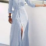 Vestido Longo Listrado com Manga 3/4 Grazi Blue