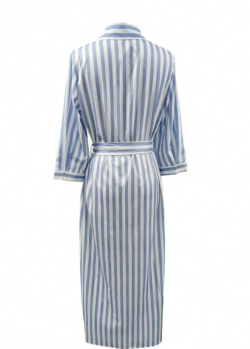 Vestido Longo Listrado com Manga 3/4 Grazi Blue