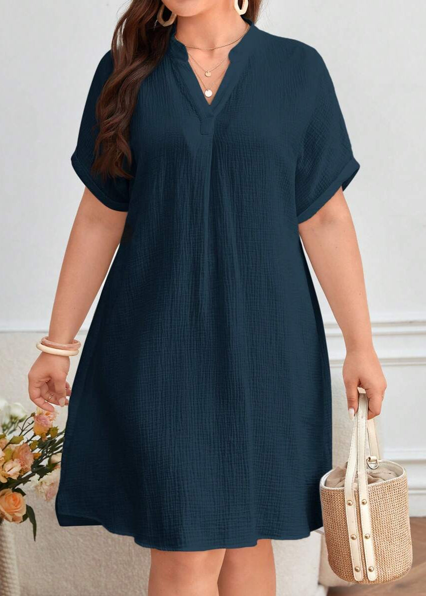Vestido Plus Size Midi Manga Morcego com Decote em V Priscíla Navy Blue