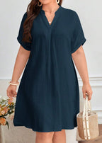 Vestido Plus Size Midi Manga Morcego com Decote em V Priscíla Navy Blue