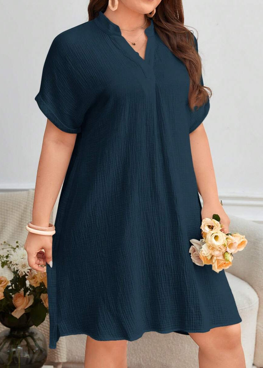 Vestido Plus Size Midi Manga Morcego com Decote em V Priscíla Navy Blue