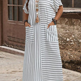 Vestido Plus Size Longo Manga Morcego Listrado com Bolso Angélica