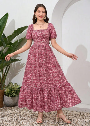 Vestido Longo Casual Gola Quadrada e Manga Bufante Bruna Pink