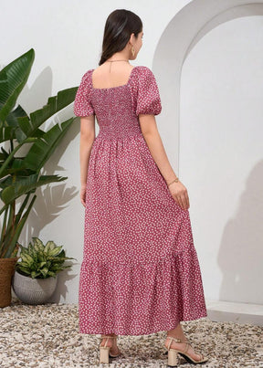 Vestido Longo Casual Gola Quadrada e Manga Bufante Bruna Pink
