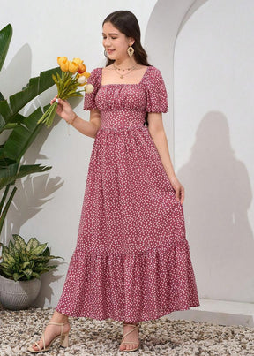 Vestido Longo Casual Gola Quadrada e Manga Bufante Bruna Pink
