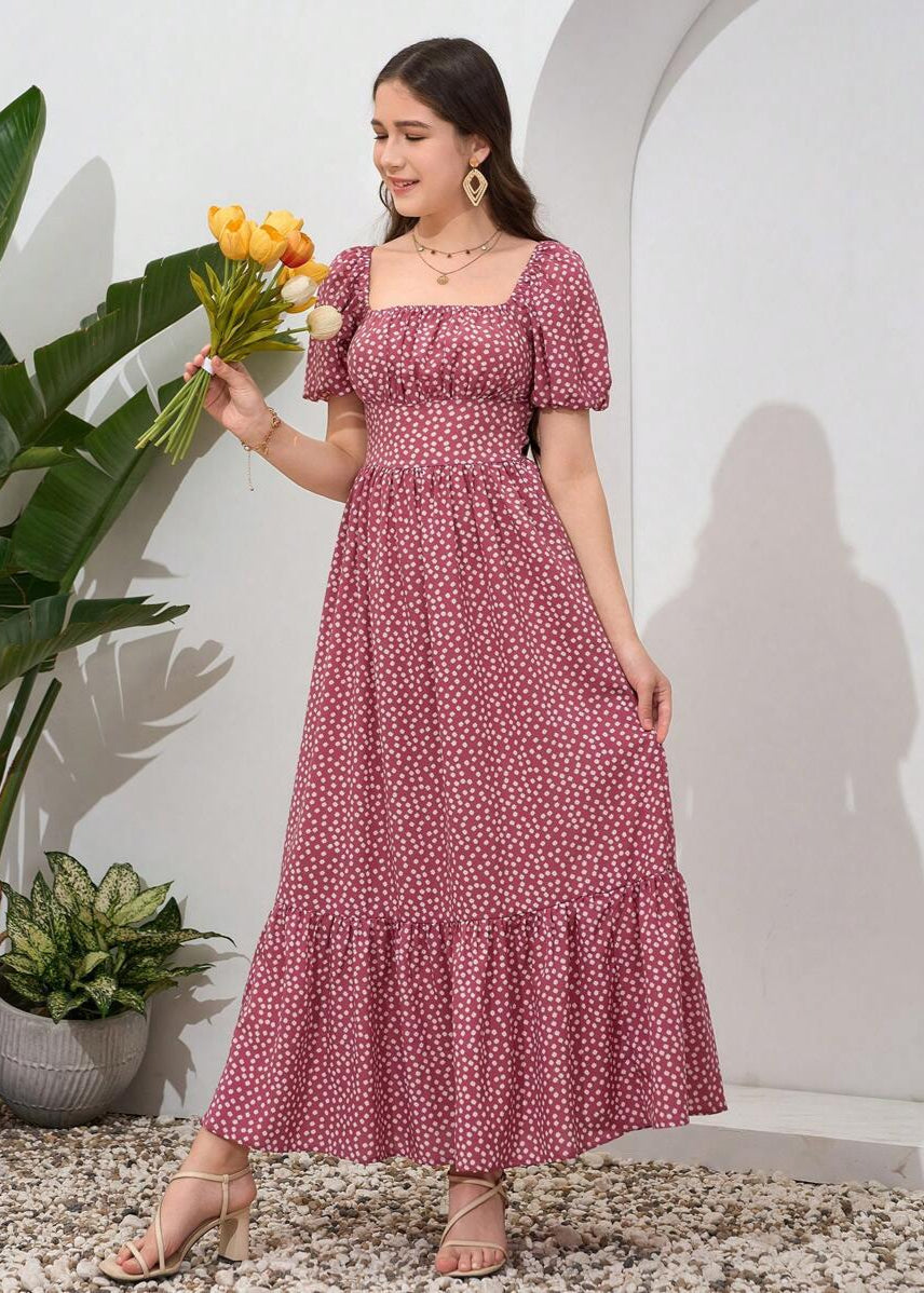 Vestido Longo Casual Gola Quadrada e Manga Bufante Bruna Pink