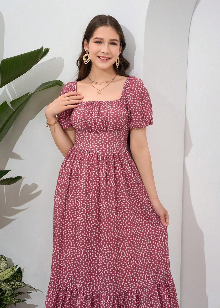 Vestido Longo Casual Gola Quadrada e Manga Bufante Bruna Pink