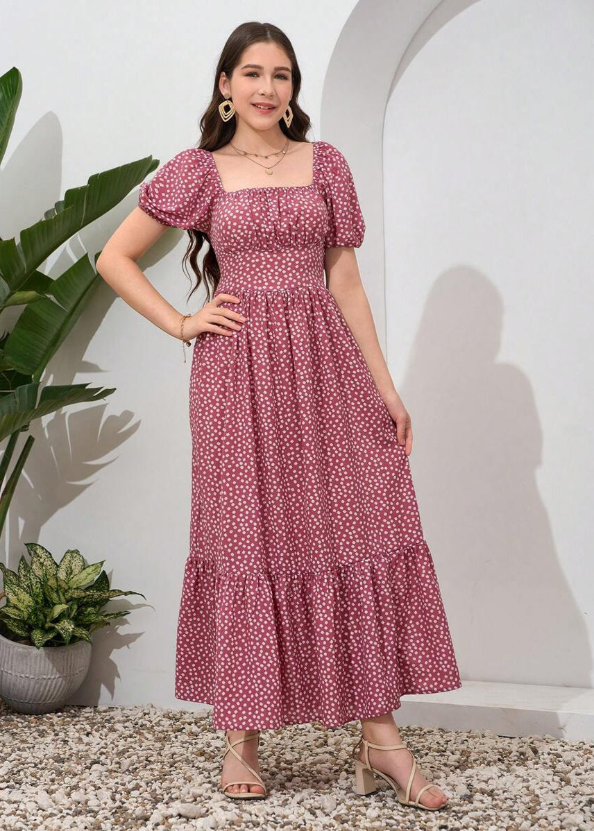 Vestido Longo Casual Gola Quadrada e Manga Bufante Bruna Pink