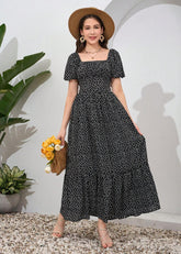 Vestido Longo Casual Gola Quadrada e Manga Bufante Bruna Black