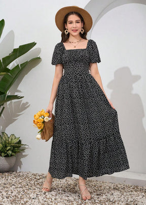 Vestido Longo Casual Gola Quadrada e Manga Bufante Bruna Black