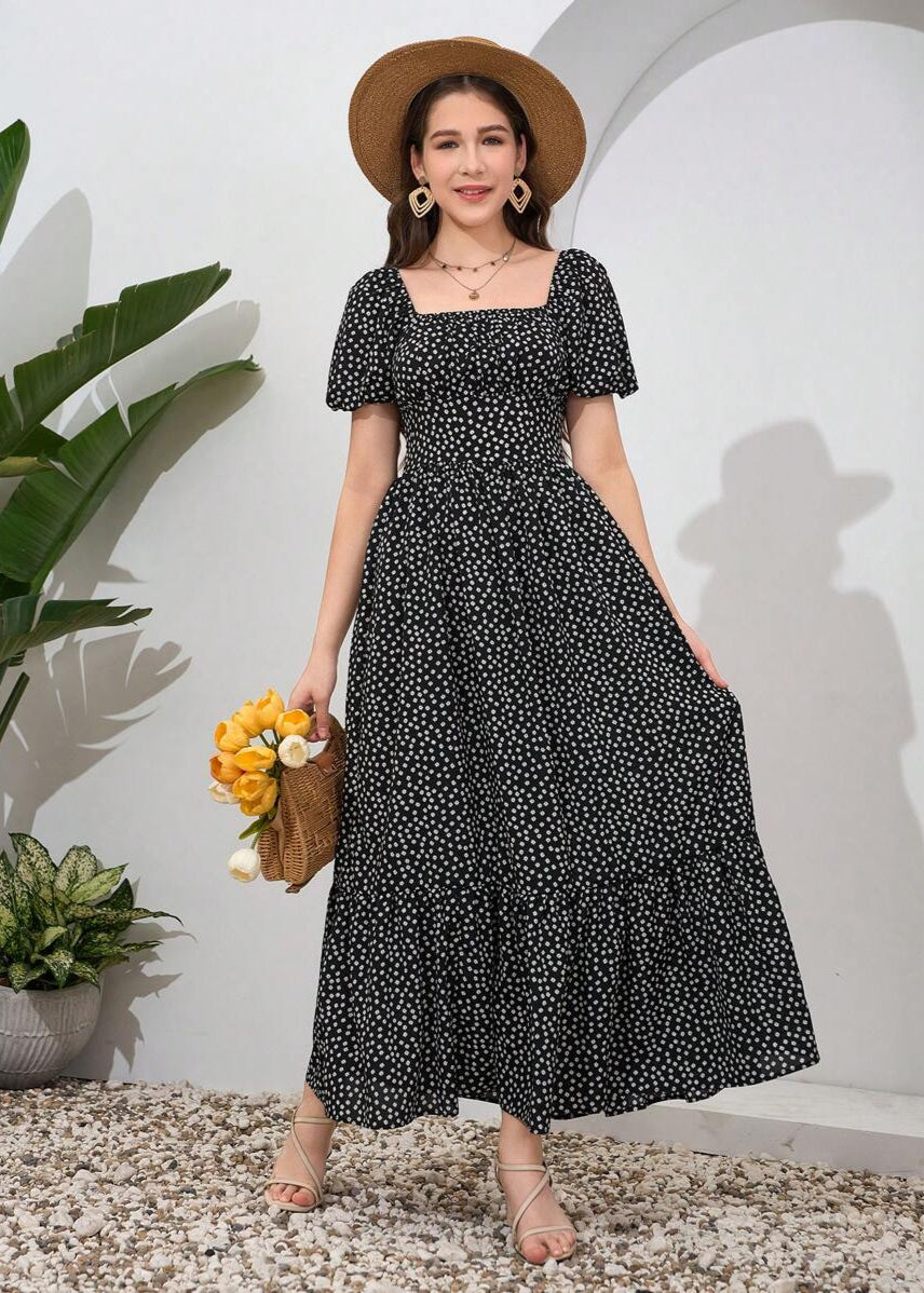 Vestido Longo Casual Gola Quadrada e Manga Bufante Bruna Black