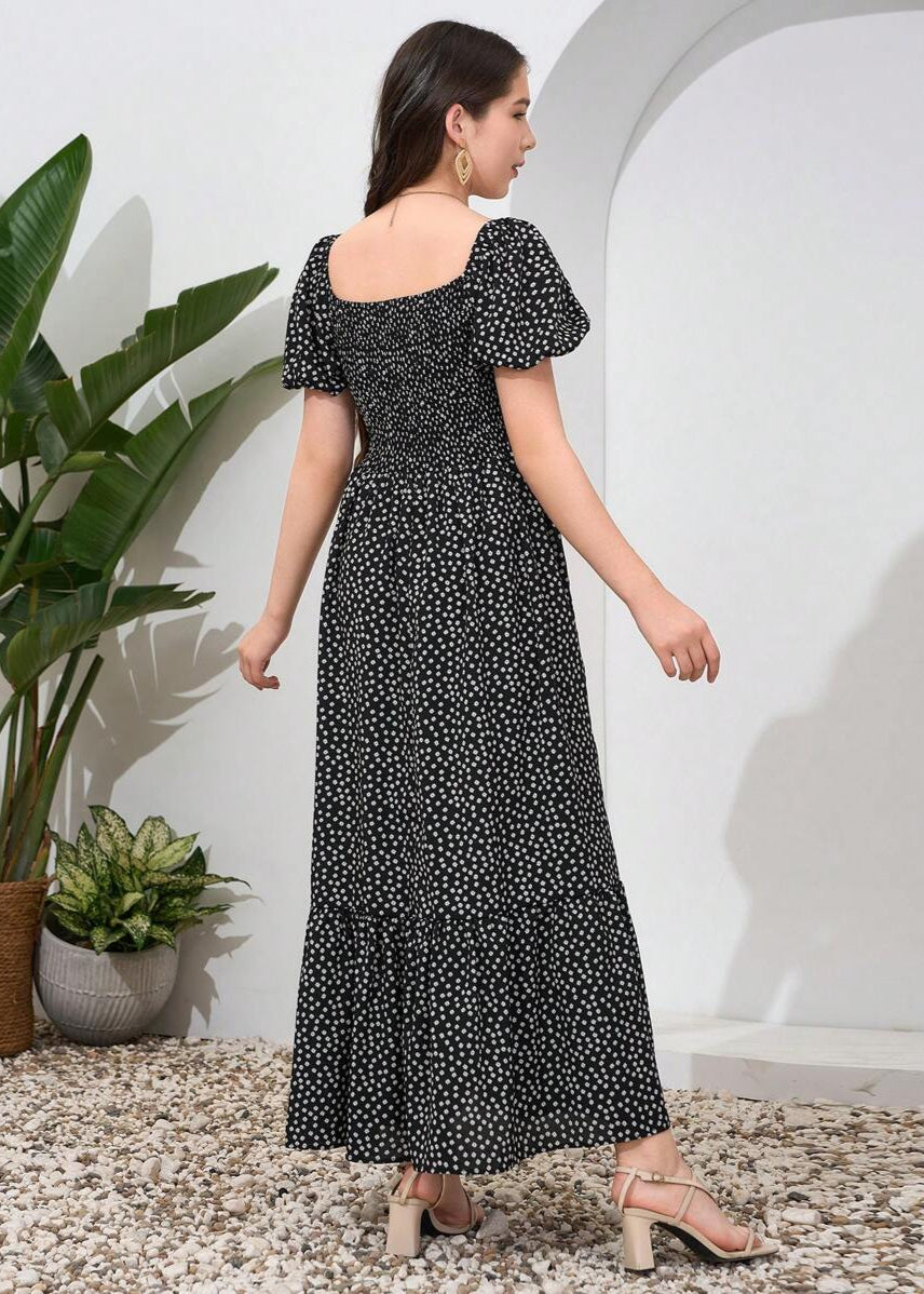 Vestido Longo Casual Gola Quadrada e Manga Bufante Bruna Black