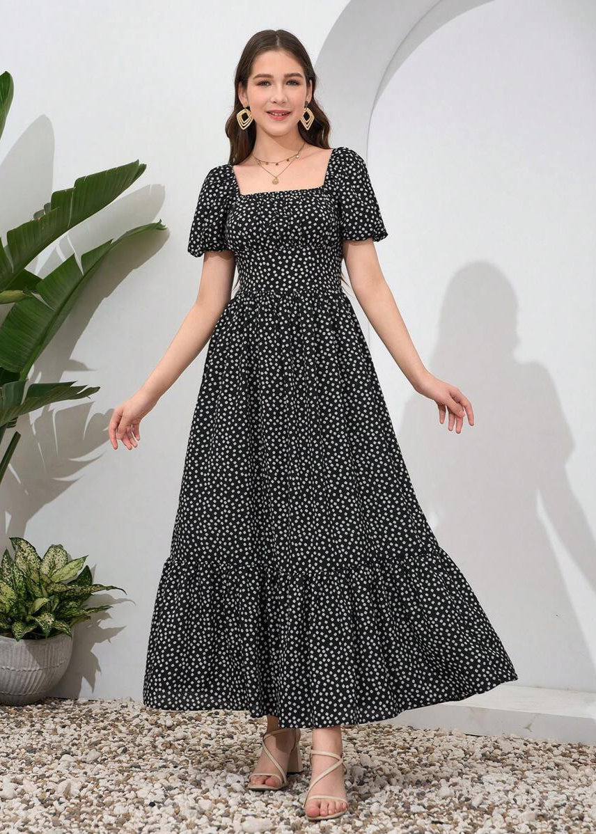 Vestido Longo Casual Gola Quadrada e Manga Bufante Bruna Black