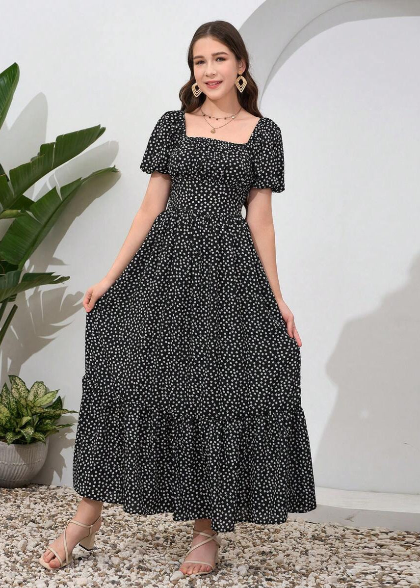 Vestido Longo Casual Gola Quadrada e Manga Bufante Bruna Black