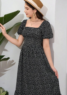 Vestido Longo Casual Gola Quadrada e Manga Bufante Bruna Black