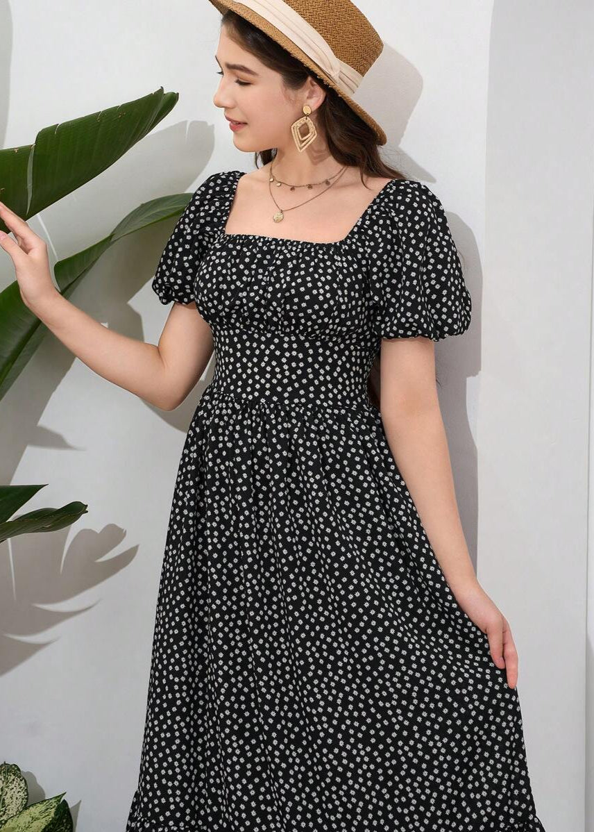 Vestido Longo Casual Gola Quadrada e Manga Bufante Bruna Black