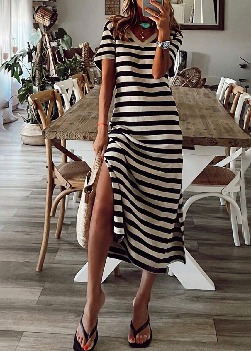 Vestido Longo Listrado com Fenda Luiza Black