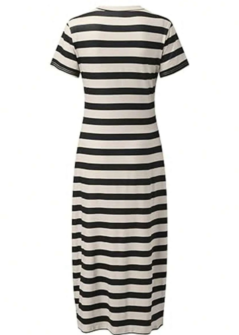 Vestido Longo Listrado com Fenda Luiza Black