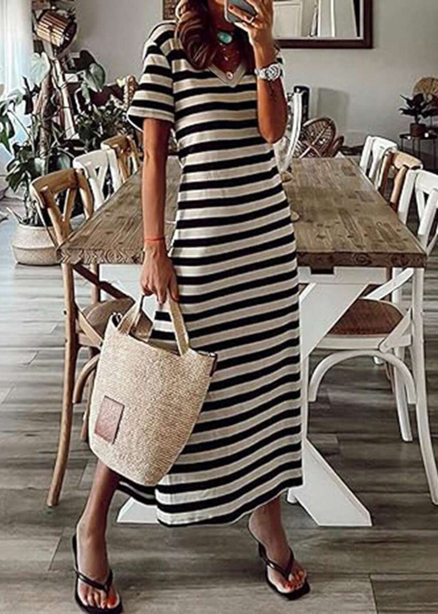 Vestido Longo Listrado com Fenda Luiza Black