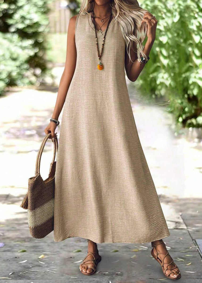Vestido Longo Decote em V sem Manga Mariá Khaki