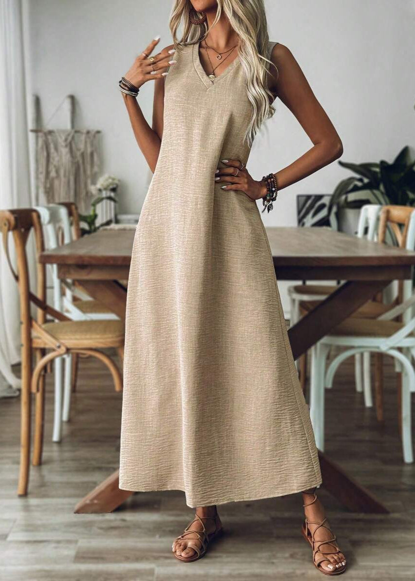 Vestido Longo Decote em V sem Manga Mariá Khaki
