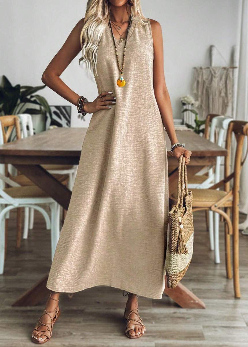 Vestido Longo Decote em V sem Manga Mariá Khaki